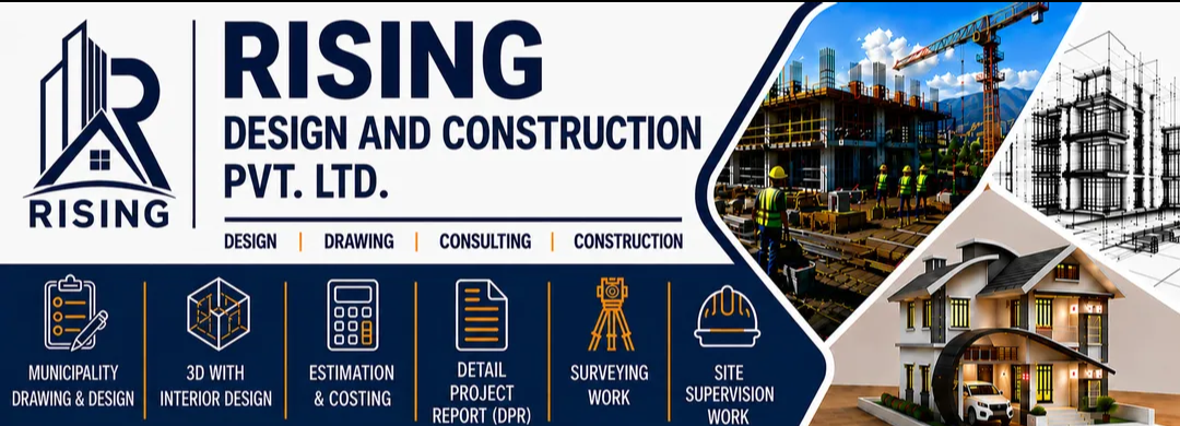 Rising Design and Construction service overview with building design and construction imagery